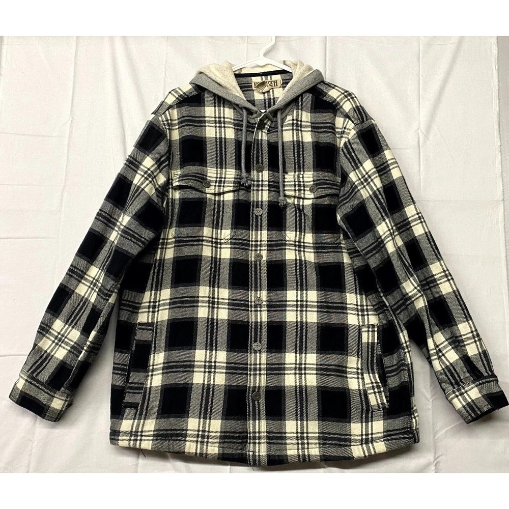 Duluth Trading Flannel Shirt Jacket Mens Medium White Black Plaid Hooded Winter